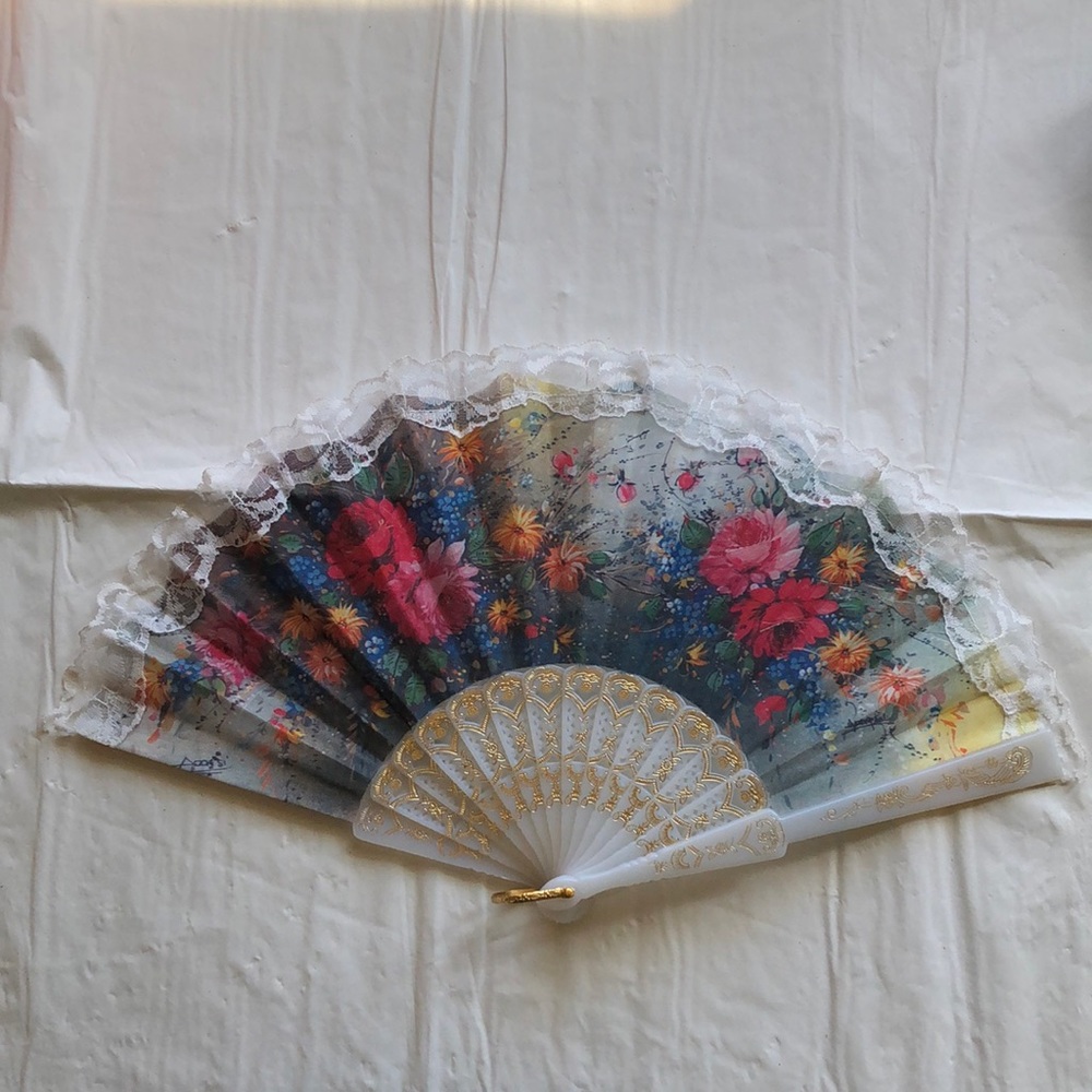 Vintage Lace, Fabric, and Plastic Folding Hand Fan